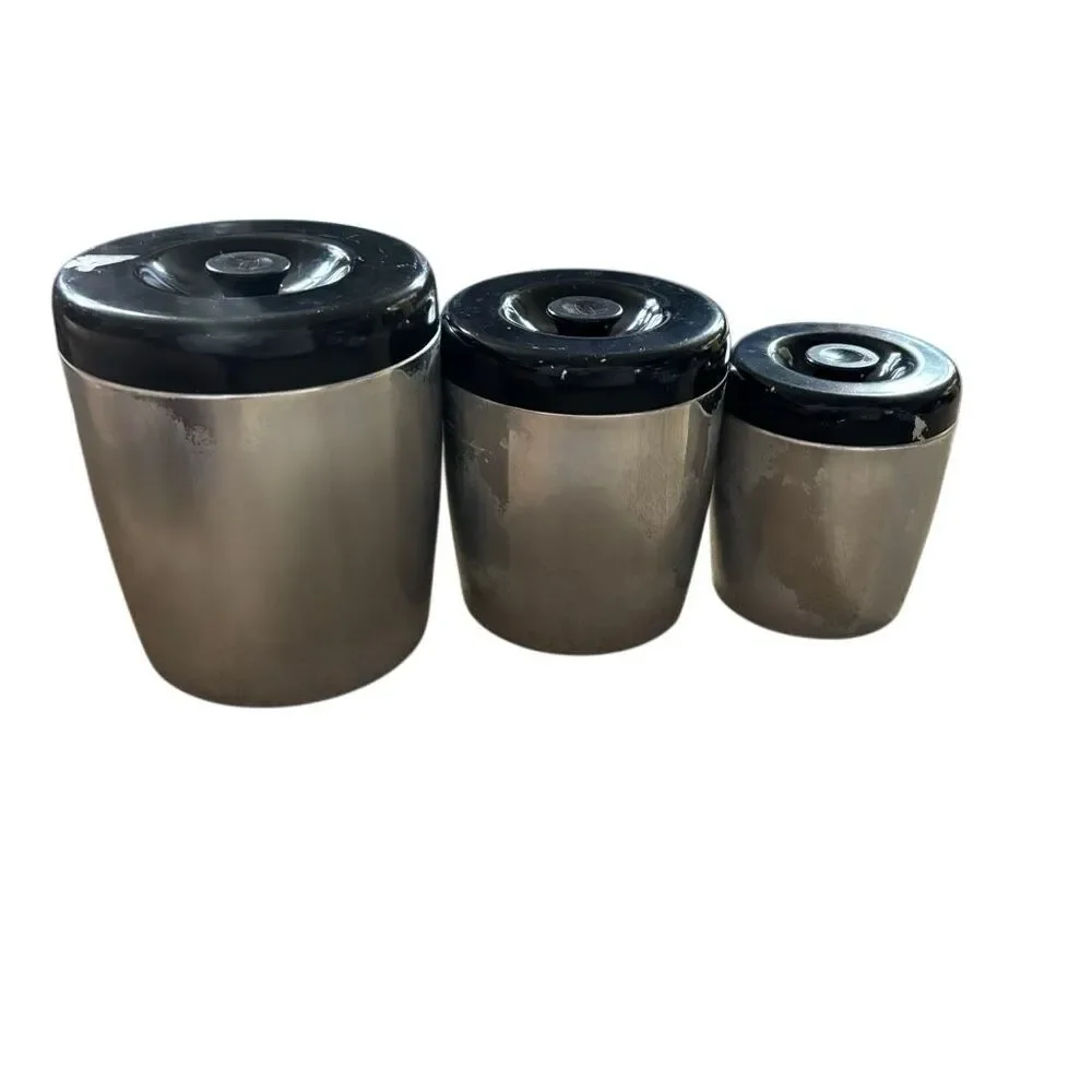 Vintage West Bend Aluminum Canister Set of 3 - Sugar Coffee Tea MCM Black Lids